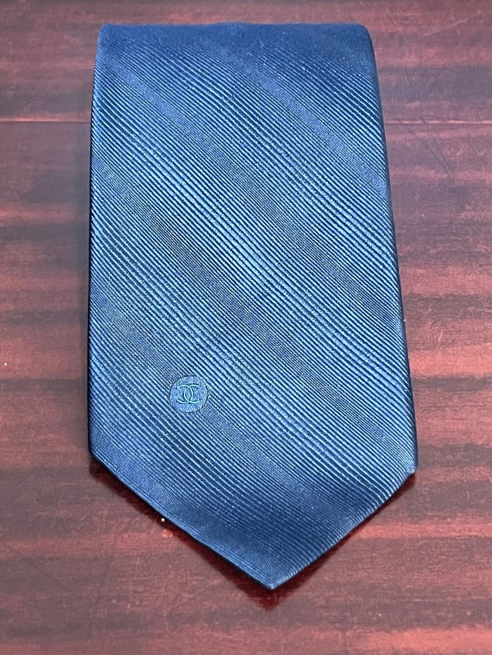 Chanel Logo Silk Necktie Navy Jacquard Repp Tie Minimalist Preppy Office